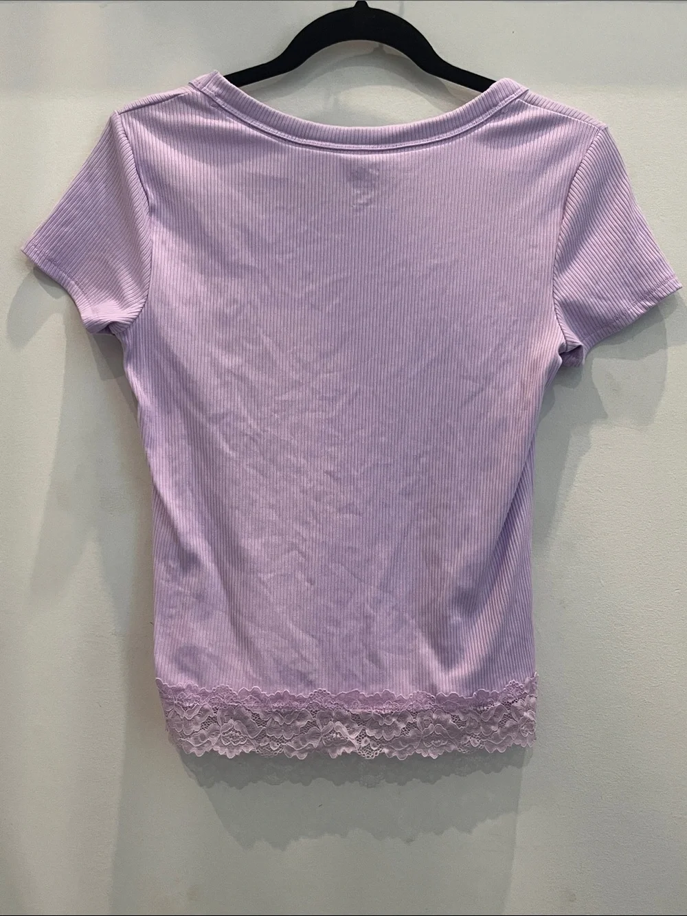 Justice Lilac Short Sleeve Ribbed Top with Lace Hem